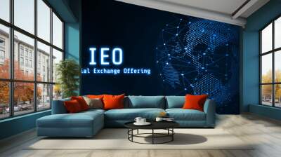 Glowing Initial Exchange Offering (IEO) text on 3D Rendering blue dotted world and abstract wired global network background. For crypto currency, token promoting, advertising purpose Wall mural