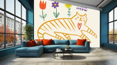 Cat tiger and flowers cool trendy doodle boho cartoon handdrawn funny cute comic character hippie groovy funky vector illustration print Wall mural