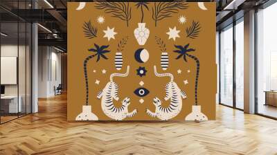 Chinese style tigers ornamental illustration in vector. Moon magic concept. Wall mural