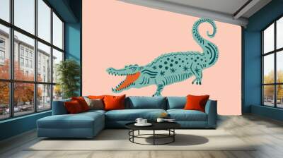 Cute crocodile with color background, alligator tees, cool animal collage print, cartoon character Wall mural