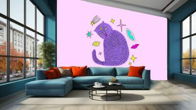 Handdrawn mystical witch cat in Space. Cartoon doodle stupid style. Halloween, pagan, witchcraft and fairy tale theme. Vector Wall mural