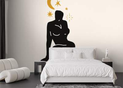 Modern abstract woman silhouette art, moon meditation consept. Wall mural