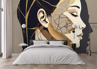 Women Face portrait Kintsugi style Vector Wall mural