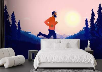 African American man jogging outdoors in landscape with sun and beautiful view in background. Training, exercise and health concept. Vector illustration Wall mural