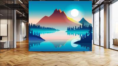 Beautiful evening landscape with fog - Foggy lake, mountain and forest in teal and turquoise colour with sunset. Flat design vector illustration wallpaper background Wall mural