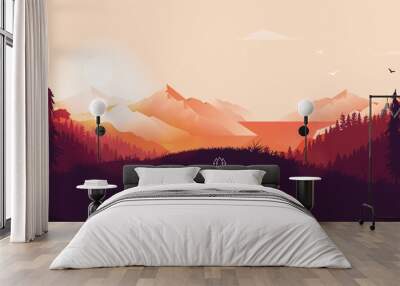 beautiful vector landscape illustration - peaceful warm sunrise over mountains, ocean and forest. tr Wall mural