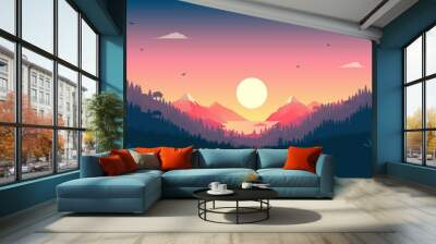 Beautiful vector landscape with sunrise -  Early morning in nature with colourful view to mountains, forest, sun and red sky. Wall mural