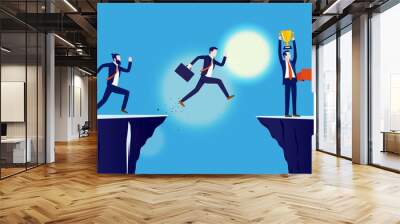 Business competition, a race for success - Business people racing towards goal. Man jumping, running, and winner holding trophy. Competition, challenge, risk and reward concept. Vector illustration. Wall mural