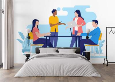 Business meeting - Office people sitting and standing at desk with computer laptops, talking and discussing company project as a team. Flat design vector illustration with white background Wall mural