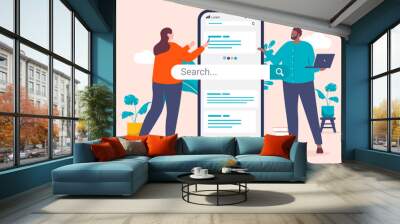 Business people online web search - Woman and man in office searching the internet and looking on search results on big mobile phone screen. Flat design vector illustration Wall mural