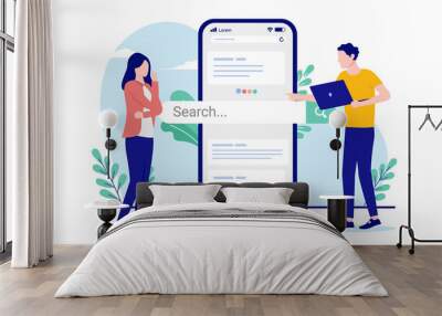 Business people web search strategy - Man and woman with smartphone and search engine bar. Flat design vector illustration on white background Wall mural