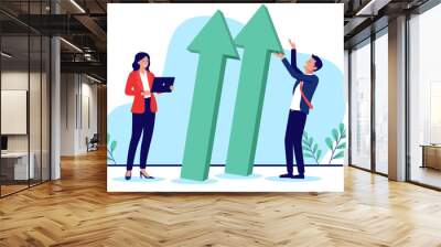 Business success arrow pointing up - Two businesspeople working with successful business growth, smiling looking at green arrows going upwards. Flat design illustration graphic on white background Wall mural