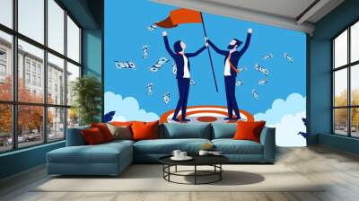 Business target met - Team of two businesspeople standing in bulls eye cheering with money flying in air. Celebrating goal achievement concept. Vector illustration. Wall mural