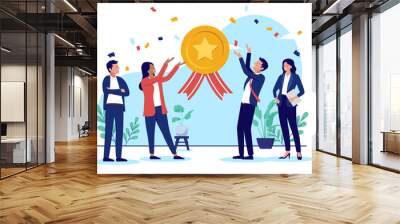 Business team achievement - Group of cheerful businesspeople celebrating award medal with confetti and smiling. Teamwork winners concept in flat design vector illustration with white background Wall mural