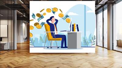 Businessman making money in office in front of computer. Salary and online earnings concept. Vector illustration with white background. Wall mural