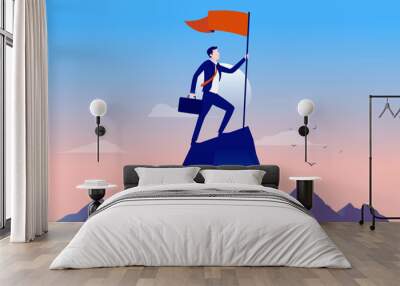 Businessman on top of mountain - Business person on mountaintop with raised flag in hand. Achievement, winner and victory concept, vector illustration with copy space Wall mural