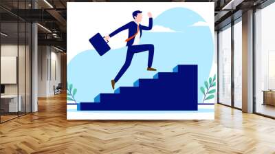 Businessman running up stairs - Determined man on way to the top of staircase in business and career. Flat design vector illustration with white background Wall mural