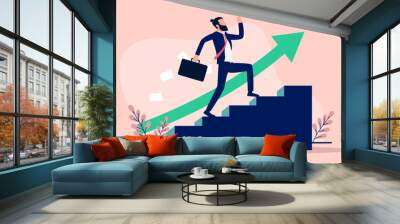 Businessman to the top - Man running up stairs with green arrow. business and career climb and growth concept. Flat design vector illustration Wall mural