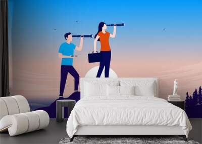 Businesspeople looking for opportunities - Man and woman standing outdoors with binoculars doing research. Flat design vector illustration with copy space Wall mural