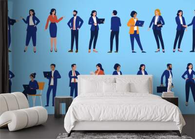 Businesspeople vector collection - Set of business and finance white collar characters standing, using computers, talking and working in flat design illustration with blue background Wall mural