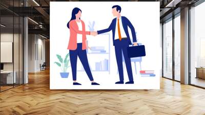 Businesswoman and businessman handshake - Man and woman shaking hands over deal and agreement in office. Flat design vector illustration with white background Wall mural