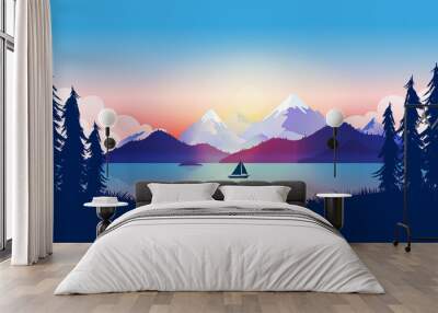 Calm lake in beautiful nature landscape. Boat on water in sunset, mountains reflecting in the ocean a late evening, peace and quiet background. Adventure, traveling concept in vector illustration. Wall mural