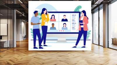 Casual business people having a remote meeting on desktop computer. Flat design vector illustration with white background Wall mural