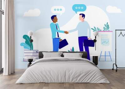 Casual business people shaking hands over deal - Two men in office doing handshake while talking. Agreement and cooperation concept. Vector illustration. Wall mural