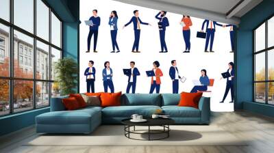 Collection of businesspeople - Set of white collar professional people in suit working using laptops, talking and standing in various poses. Flat design vector bundle with white background Wall mural