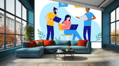 Developers talking and discussing - Computer workers working and having conversation with laptops and speech bubbles. Flat design vector illustration with white background Wall mural