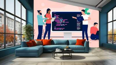 Developers working - Team of web developing people talking and discussing while doing work on code on computer screen. Flat design vector illustration Wall mural