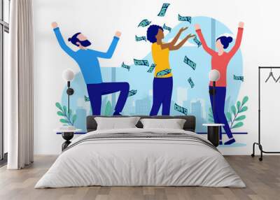 Diverse people with financial success - Team making money cheering and having business success. Flat design vector illustration with white background Wall mural