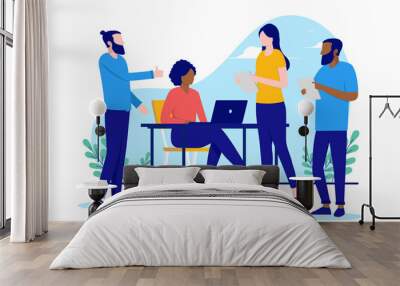 Diverse team of people - Group of characters with different ethnicities working together at workplace. Flat design vector illustration with white background Wall mural