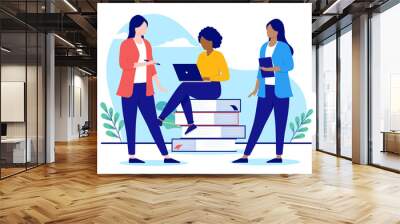 Diverse team of women - Businesswomen of different ethnicities working and doing teamwork. Flat design vector illustration with white background Wall mural