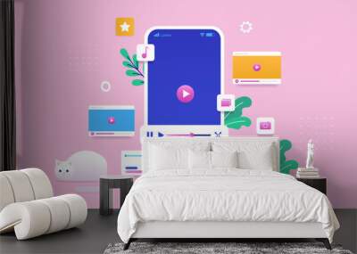 Editing videos on phone - Smartphone with movie edit app and decorative UI elements. Semi flat vector illustration Wall mural