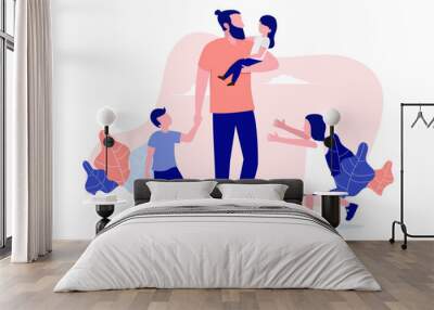 Father alone playing with three children - Dad parent outdoors holding hand and carrying kids having fun together. Front view flat design vector illustration with white background Wall mural