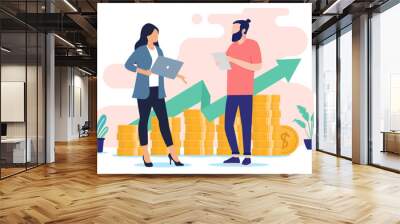 Financial growth people - Business characters standing with computers in front of money and green arrow pointing up. Success and profits concept in flat design vector illustration on white background Wall mural