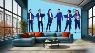 Group of businesspeople at work - Team of corporate office people doing business together, shaking hands over agreement and deal. Teamwork and collaboration concept in flat design vector illustration Wall mural