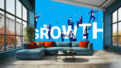 Growth - Business team working with various tasks, and the word growth is growing in background. Success, teamwork progress, and the way forward concept. Corporate vector illustration. Wall mural