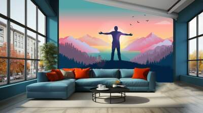 Having a personal adventure - Person standing in front of sun with arms out, watching the beauty of nature and feeling the warmth of the sun. Happiness and personal freedom concept. Vector Wall mural