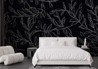 A Pattern Of Leaves On A Black Background - Watercolor floral vector seamless pattern Wall mural