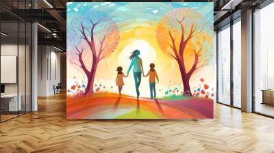 A Woman And Two Children Walking On A Path With Trees Wall mural