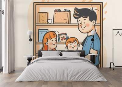 Parents Picking Toys While Their Toddler Is Running Around - A Man And Two Children Standing In Front Of A Shelf Wall mural