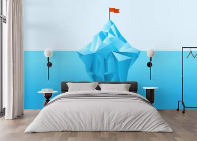 Iceberg mountaintop with flag on top - Business goal metaphor of tall ice berg in ocean landscape divided with half under water and above sea level. Flat design vector illustration in blue colours Wall mural