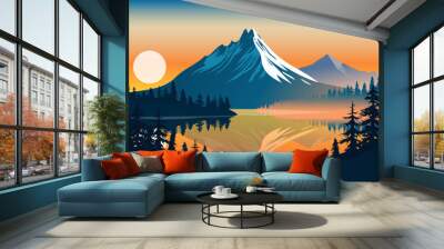 Landscape with sunrise vector - Illustration of nature with big mountain, forest and lake in blue and orange colours Wall mural