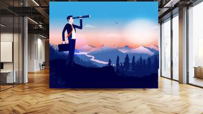 Looking for a job - Businessman in suit outdoors using binocular to search for opportunities. Briefcase in hand and beautiful landscape. Looking for success, finding solutions concept. Illustration. Wall mural