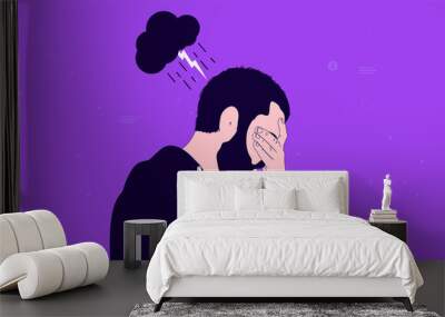 Male depression - Man and dark cloud over his head with rain and thunderstorm. Holding his face feeling ill and depressed. Mental health and problems concept. Vector illustration. Wall mural