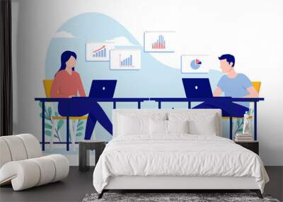 Man and woman working on computers - Two people sitting at desk doing work with charts and graphs. Flat design vector illustration with white background Wall mural