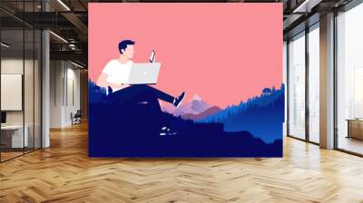 Man working outdoors in landscape - Person sitting with laptop and smartphone in nature, working remotely. Work from anywhere and freedom concept, vector illustration. Wall mural