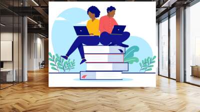 Minority students and education - Two black people sitting on books reading on computer studying and educating themselves. Flat design vector illustration with white background Wall mural